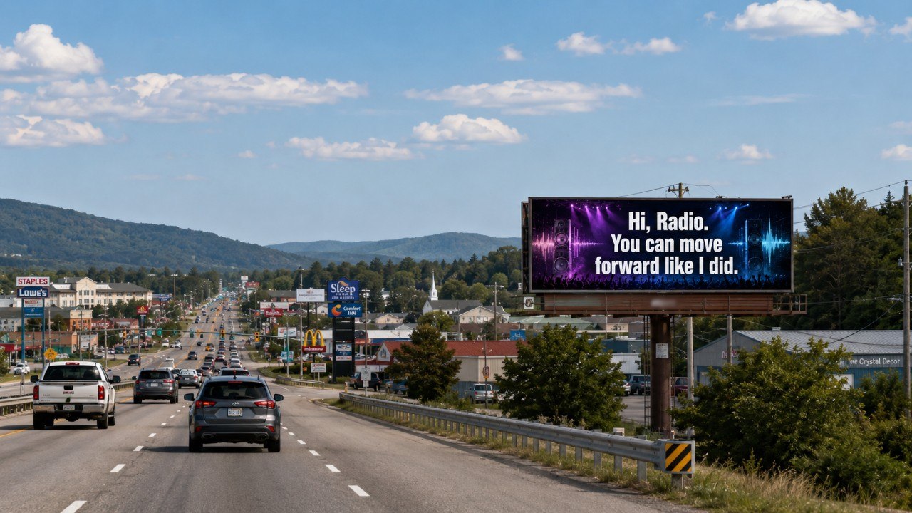 Street view driving into town past a billboard reading: Hi Radio. You can move forward like I did.
